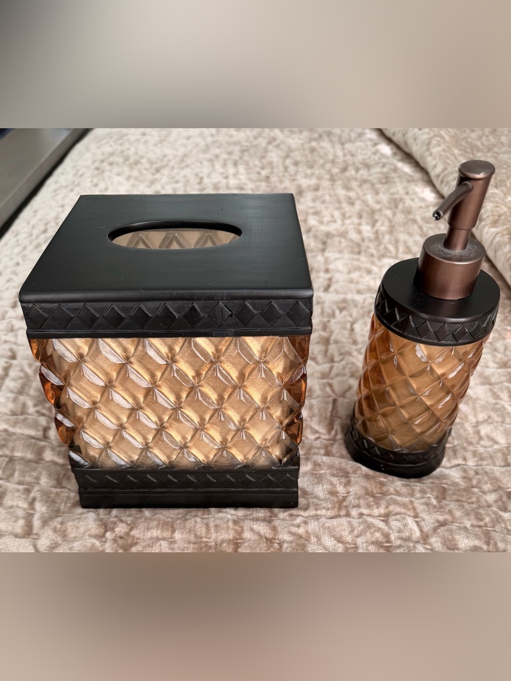 Oiled Bronze & Amber Glass Tissue Box Holder & Soap Dispenser- Home Accents